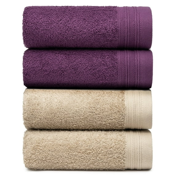 Premium 100% Cotton Towel Set of 4 Hand Towels 18" x 30" | 4 Ultra Soft and Highly Absorbent Hand Towels for Bathroom, Gym, Hotel, Spa, Machine Washable | Color: Plum & Sand