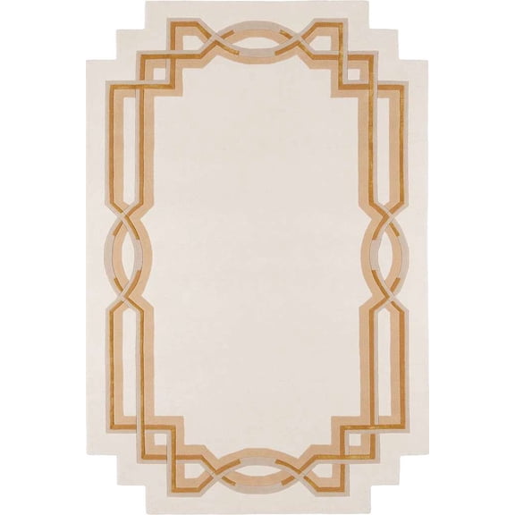Premium 100% New Zealand Wool Area Rug, Hand-Tufted Geometric Art Deco Carpet with Scalloped Edges and Cotton Backing, Off White, Large Rectangular Rug for Living Room, Bedroom, and Office 4X6 ft