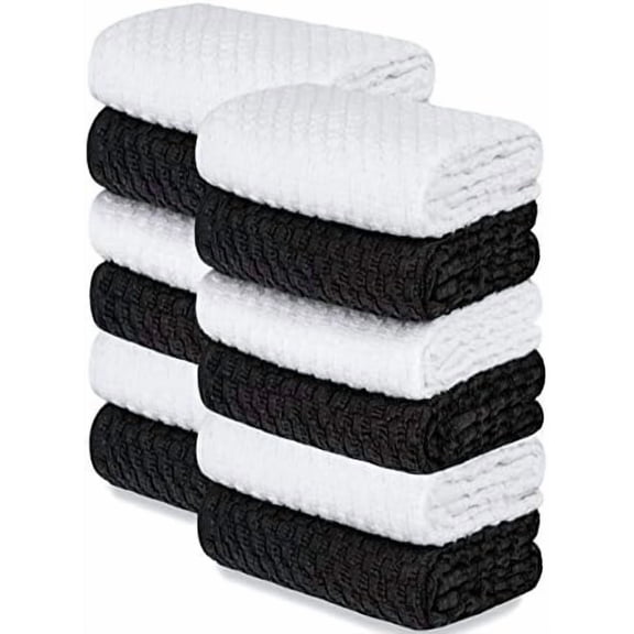 Premium 12 Pack Cotton Dobby Weave Kitchen Towels, Black/White, 15x26 Inches, 410 GSM, Machine Washable