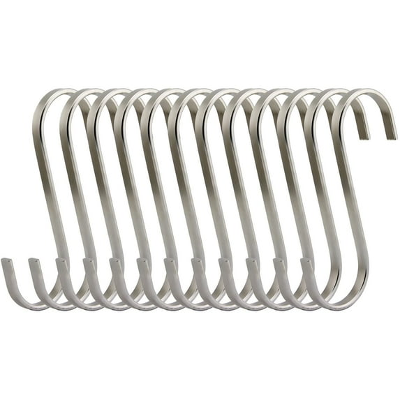 Premium 12 Pack Size Medium Brushed Stainless Flat S Hooks Kitchen Pot Pan Hanger Clothes Storage Rack.