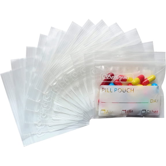 Premium 120 Count BPA-Free Reusable Travel Pill Pouches, 3x2.75 Inch Waterproof Zipper Medicine Bags with Writable AM PM Label for Pills Vitamins Supplements