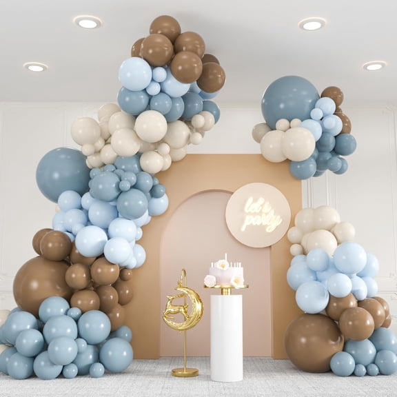 Premium 136pcs Dusty Blue & Brown Balloon Arch Kit  18/12/10/5 Inch Neutral Sand White Balloons for Bear Baby Shower, Woodland Gender Reveal, Boho Wedding Party Decor
