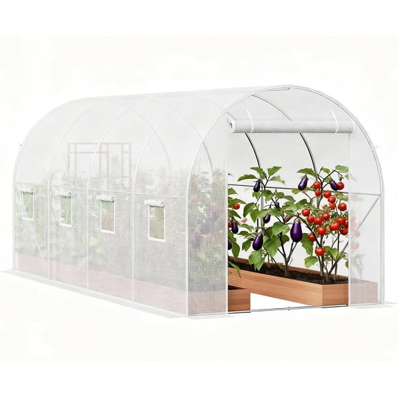 Premium 14.6x6.4x6.3 Ft Greenhouse for Outdoors, Large Walk-in Heavy Duty Galvanized Steel Frame, Mesh Door Screen Window Tunnel Hoop Garden Plant Winter Hot House for Backyard Plants Shed White
