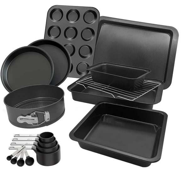 Premium 17 Piece Bakeware Sets | Carbon Steel, Non Stick & Oven Safe up to 500°F | Complete Baking Kit includes 9 Inch Round Cake Pans - Spring Form Pan - Cookie Sheets - Muffin Pan