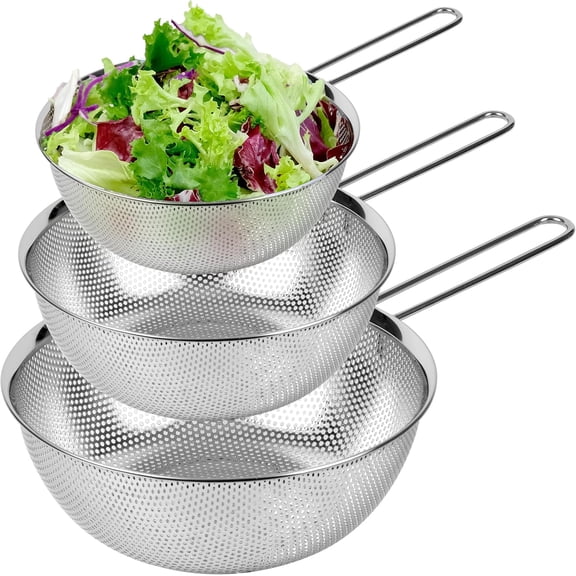 Premium 18/8 304 Stainless Steel Set of 3 – Micro-Perforated Strainers with Handles, Self-Draining Base for Pasta Vegetables Fruit, Heavy Duty