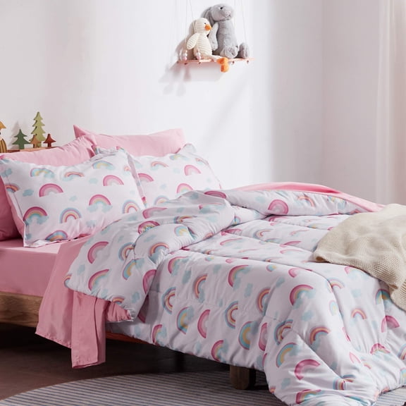 Sleep Zone Twin Kids Bedding Comforter Set, 5 Piece Cute Durable Children Bed in a Bag, Rainbow