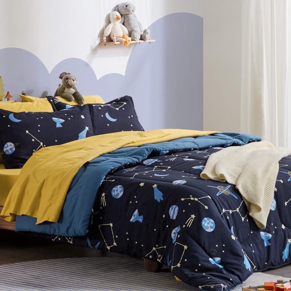 Sleep Zone Twin Kids Bedding Comforter Set, 5 Piece Boy Cool Durable Children Bed in a Bag, Blue Galaxy