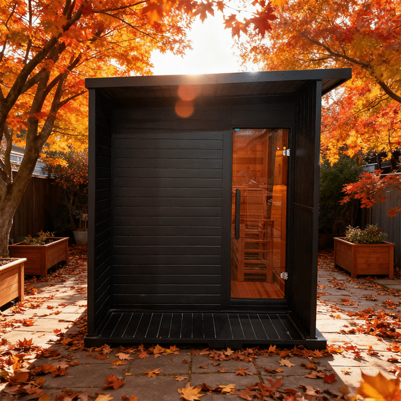 Premium 2-4 Person Black Outdoor Traditional Steam Sauna with Hemlock Exterior, Red Cedar Interior, Large Brown Tinted Glass Window, and Sloped Roof