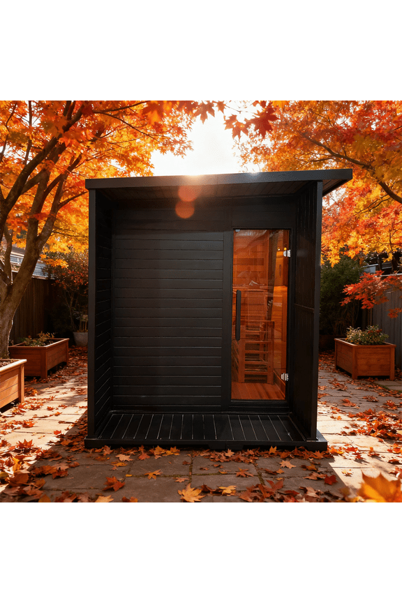 Premium 2-4 Person Black Outdoor Traditional Steam Sauna with Hemlock Exterior, Red Cedar Interior, Large Brown Tinted Glass Window, and Sloped Roof