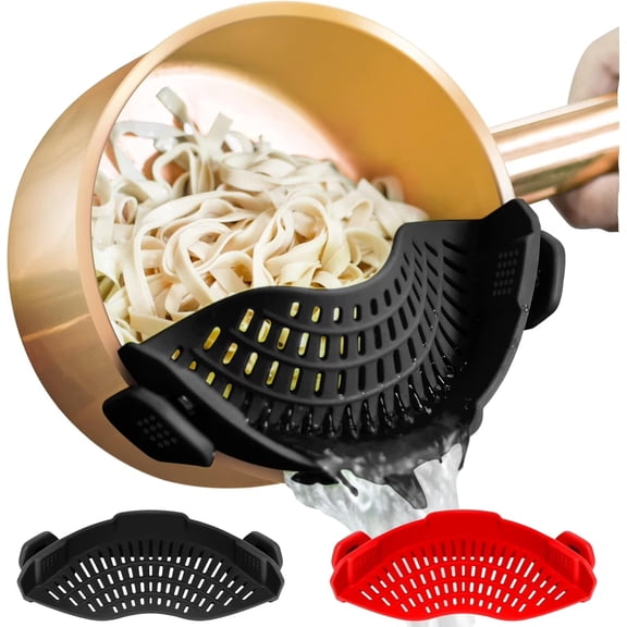 Premium 2-Pack Snap-On Silicone Pot Strainers, Hands-Free Clip Colander with Universal Fit for Pots, Pans & Bowls, Heat-Resistant Pasta & Fruit Filter