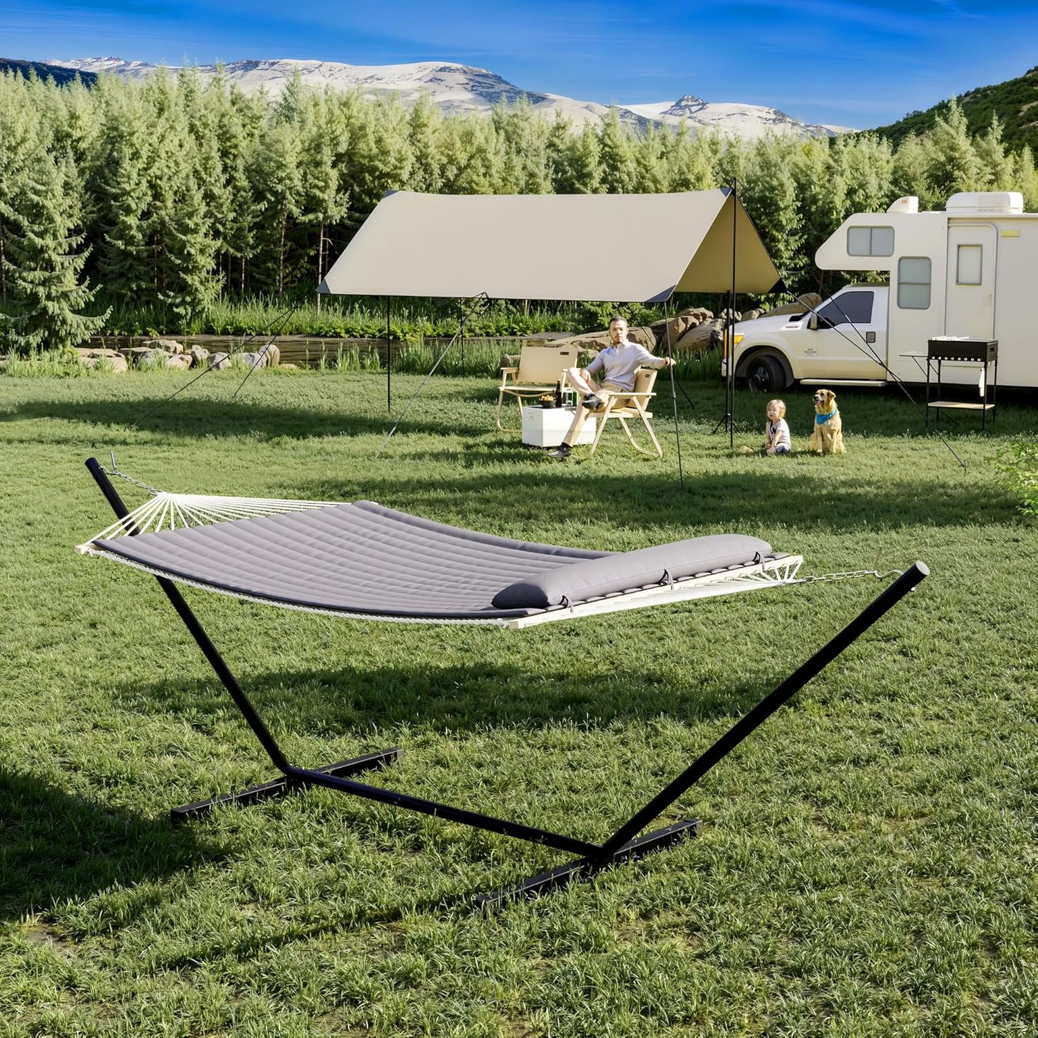 Premium 2-Person Hammock with Collapsible Steel Stand, Heavy Duty 450lb Capacity, UV-Resistant & Portable Outdoor Lounger for Backyard, Camping, and Travel