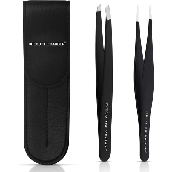 Premium 2-Piece Tweezer Set Hand-Finished Stainless Steel Slant & Pointed Tips for Precise Hair Removal