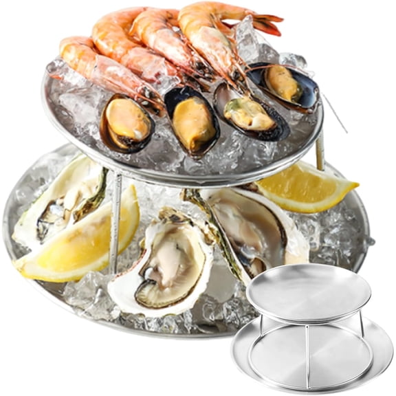 Premium 2-Tier Seafood Tower and Oyster Plate Set, Stainless Steel Cold Plate and Oyster Tray for Serving Raw, Elegant Chilled Serving Platter for Parties and Buffets(RL)