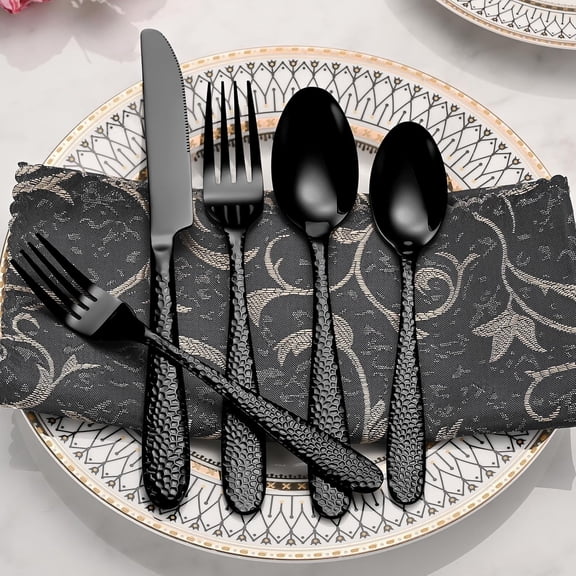 Premium 20-Piece Hammered Stainless Steel Flatware Set - Black