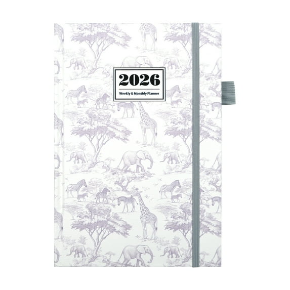 Premium 2026 Weekly & Monthly Planner With Stylish Hardcover Featuring Elegant Animal Patterns (Giraffes, Elephants, Trees) And 2026 Logo, All-In-One Efficiency Tool Combining
