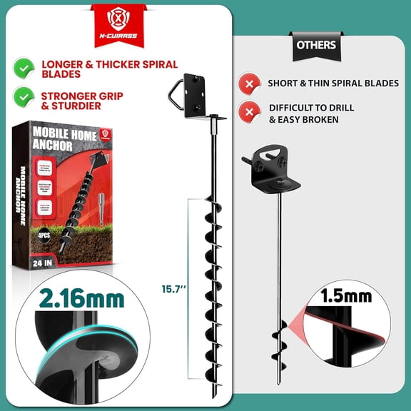 Premium 24 Inch Full Blade Mobile Home Anchor 4 Pack Ground Screw with L U Bolts for Camping Tents Heavy Duty