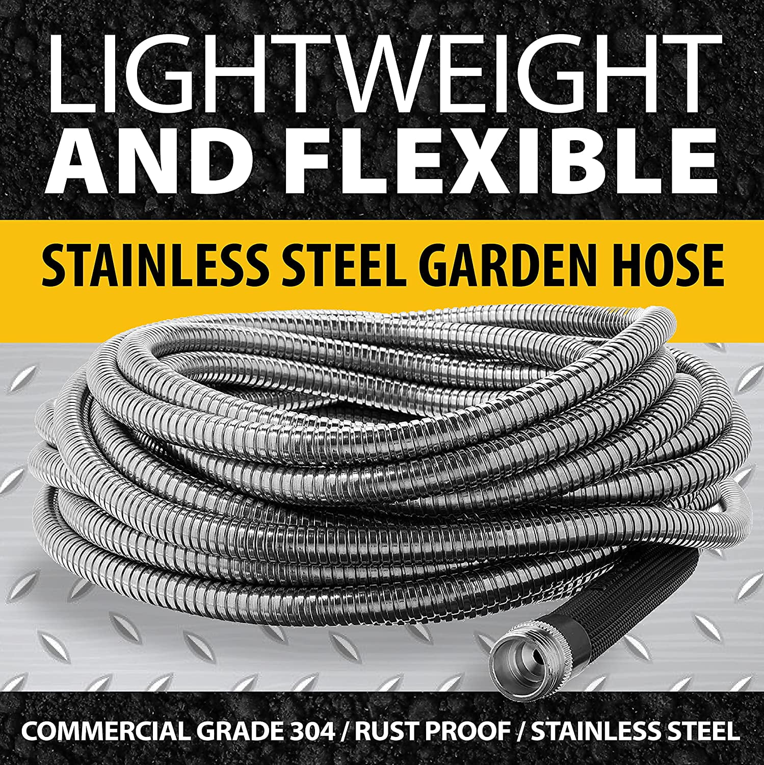 Premium 25 Ft Metal Garden Hose with Nozzle, 304 Stainless Steel, Kink , Lightweight, Heavy Duty