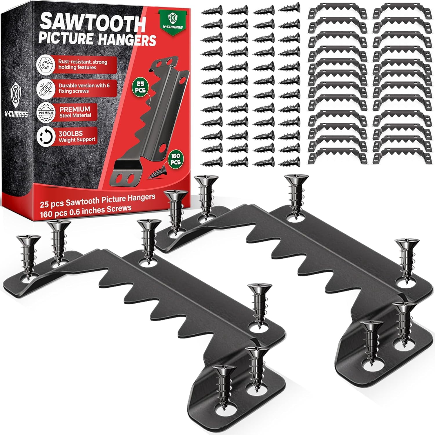 [Premium] 25 Pack 70mm Sawtooth Picture Hangers with 0.6” Screws, Heavy-Duty Steel,300LBS Load-Bearing Capacity,Picture Hanging for Wall Mounting of Artwork, Wooden Frames,Home Decoration(Black)