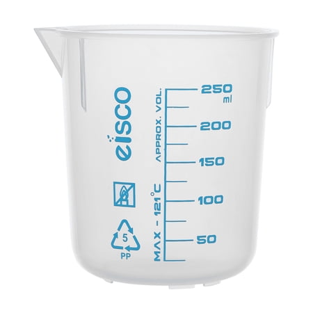 Premium 250mL Beaker - Polypropylene Plastic, Blue Screen Printed, 25mL Graduations - Eisco Labs