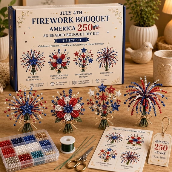 Premium 250th Anniversary 4th of July Beaded Bouquet DIY Kit, 4 Pack Patriotic 3D Firework Flower Craft Set, Safe Non-Toxic Fade-Resistant Beads, Independence Day Decor Gift for Beginners