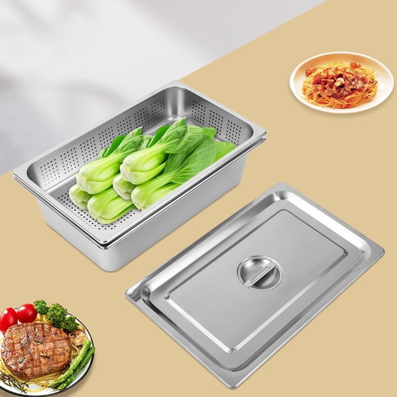Premium 3-Piece Stainless Steel Steam Pan Set, 9.5-12.6Qt Capacity, Perforated Design, Lid, and Dishwasher Safe for Commercial & Home Use