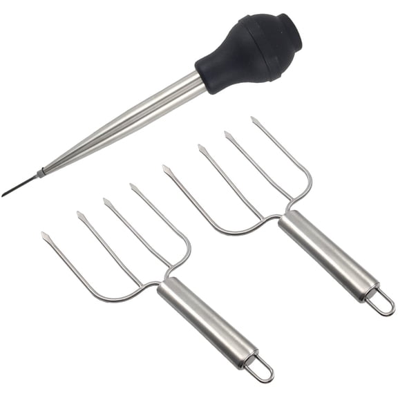 Premium 3-Piece Thanksgiving Turkey Serving Set - Stainless Steel Baster with Injector & Cleaning Brush, Heavy-Duty Turkey Lifters with Sharp Prongs for Roasting Chicken, Beef, Lamb - Dishwasher Safe