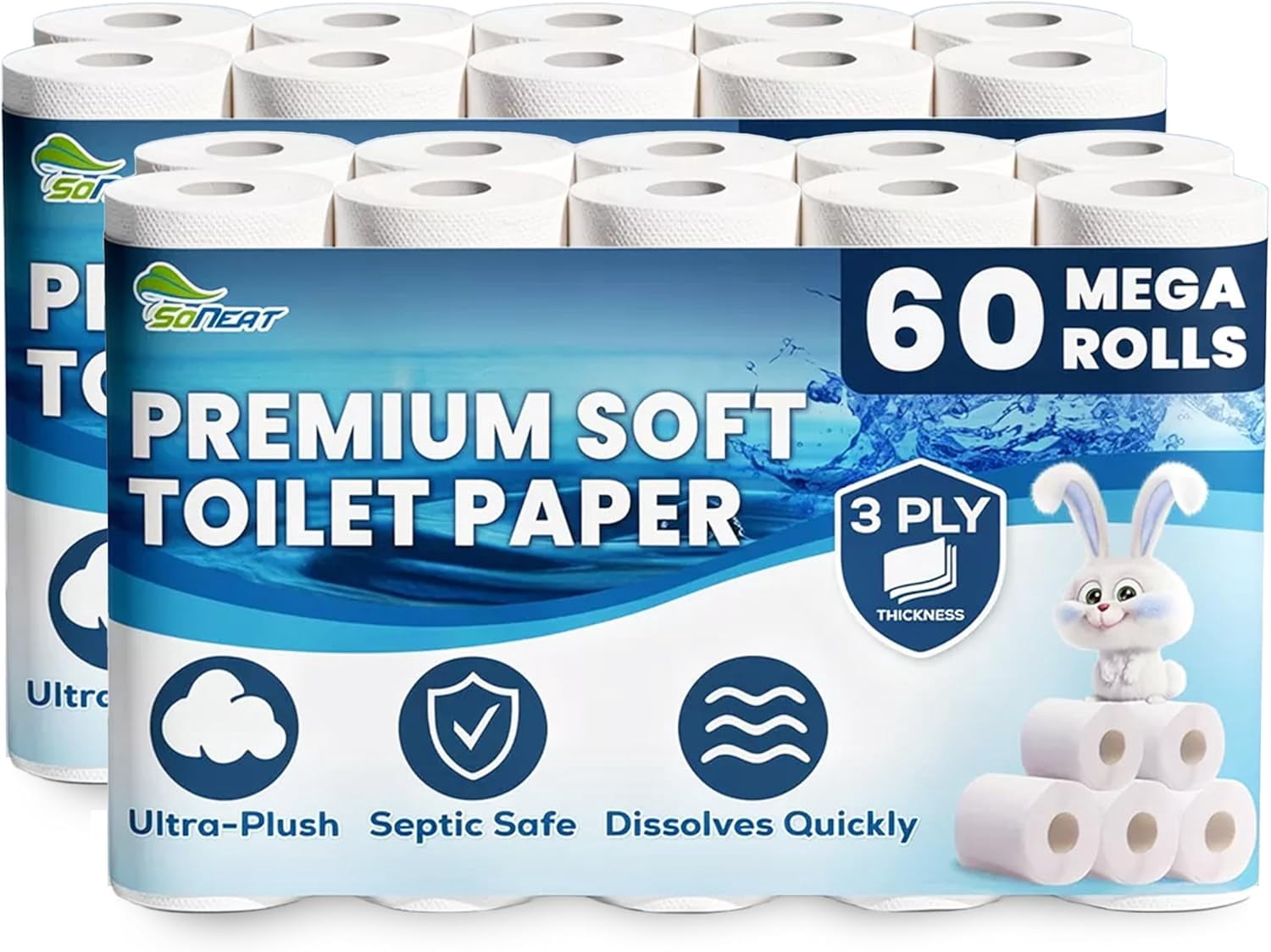 Premium 3-Ply Toilet Paper – 60 Rolls Ultra Soft, Strong, Septic-Safe Commercial Toilet Paper | Super Absorbent Bath Tissue | Ideal for Commercial, Home & RV Use (3-Ply, 60, Count)