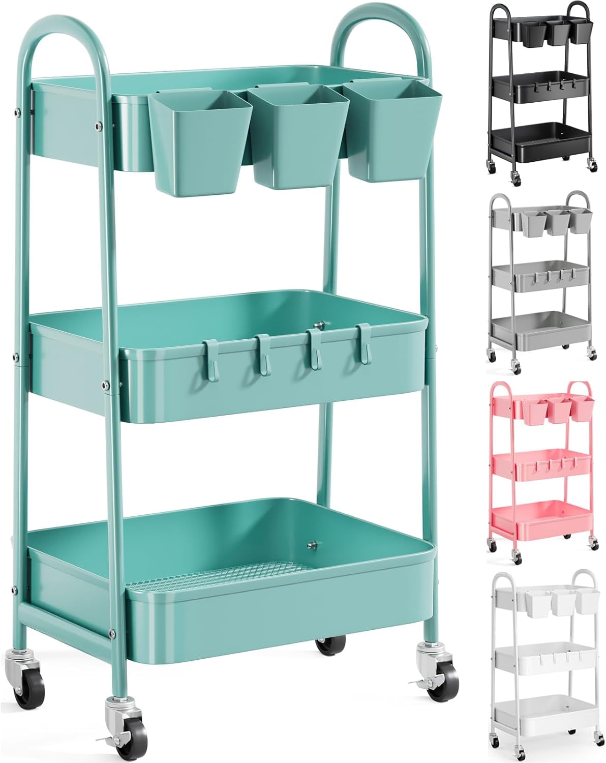 3-Tier Rolling Cart With Drawer – Metal & Wood Storage Cart With Lockable Wheels For Kitchen, Office, Bedroom (Black)