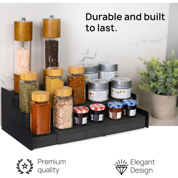 Premium 3-Tier Spice Rack Organizer for Cabinet - Expandable Bamboo Spice Storage - Non-Skid Countertop Step Spice Shelf - Great for Kitchen Cabinet, Countertop, Cupboard, Pantry (Black)