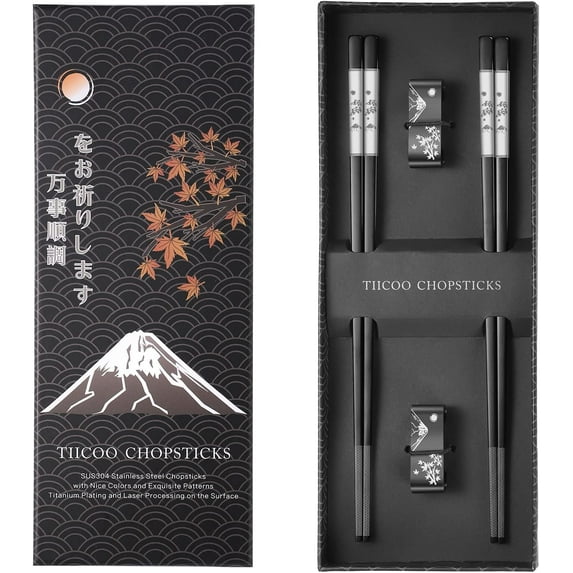 Premium 304 Stainless Steel Chopsticks Set - 2 Pairs Titanium Plated Japanese Style with Laser Engraved Design, Dishwasher Safe, Non-Slip Grip, Elegant Gift Box (Black)