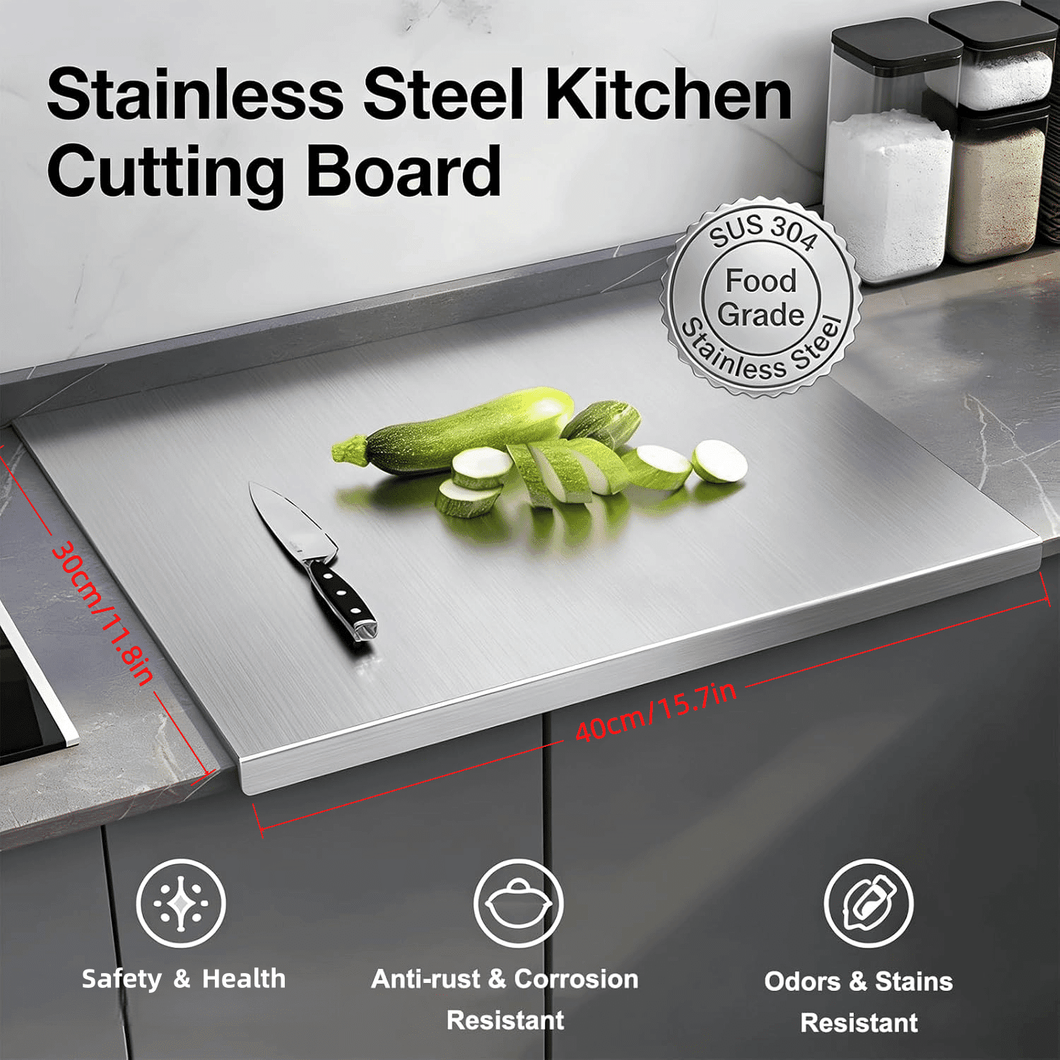 Premium 304 Stainless Steel Cutting Board, Large Size 30x40cm/40x50cm, 1.5mm Thick, Non-Slip, Multi-Purpose Kitchen Board for Chopping Baking Serving
