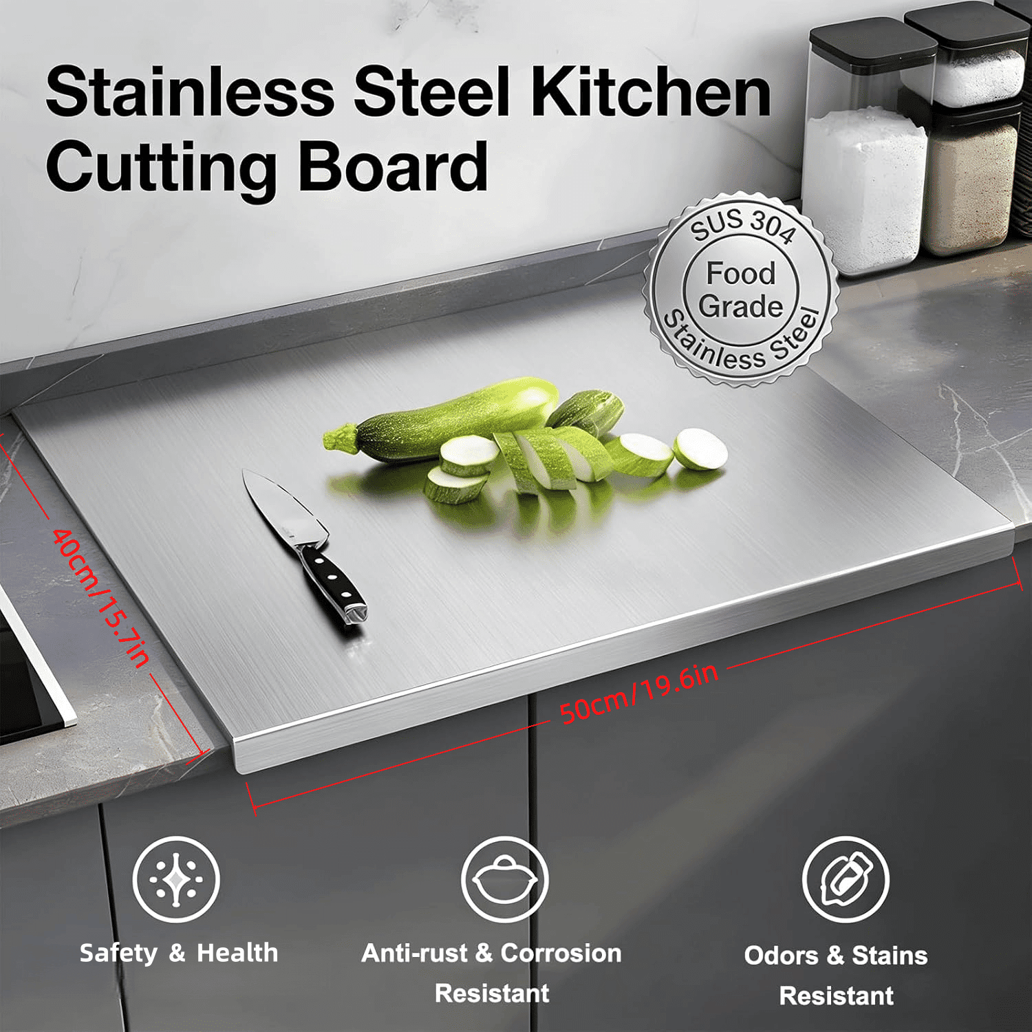 Premium 304 Stainless Steel Cutting Board, Large Size 30x40cm/40x50cm, 1.5mm Thick, Non-Slip, Multi-Purpose Kitchen Board for Chopping Baking Serving