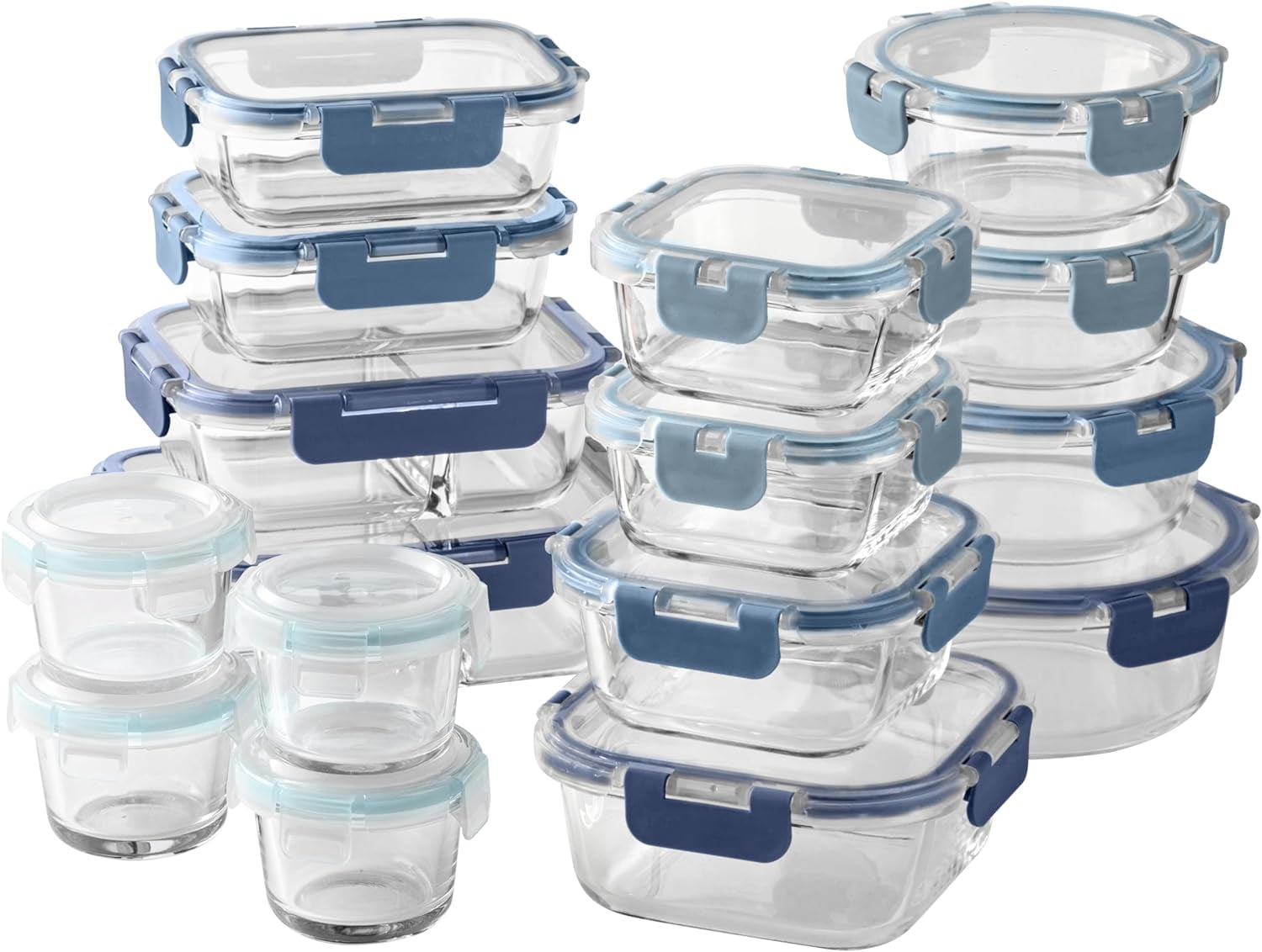 Premium 32-Pc. Borosilicate Glass Food Container Set with Dividers - 4 Rectangles, 8 Rounds, 4 Squares - Leakproof Lids - Meal Prep, Storage, Blue - Walmart.com