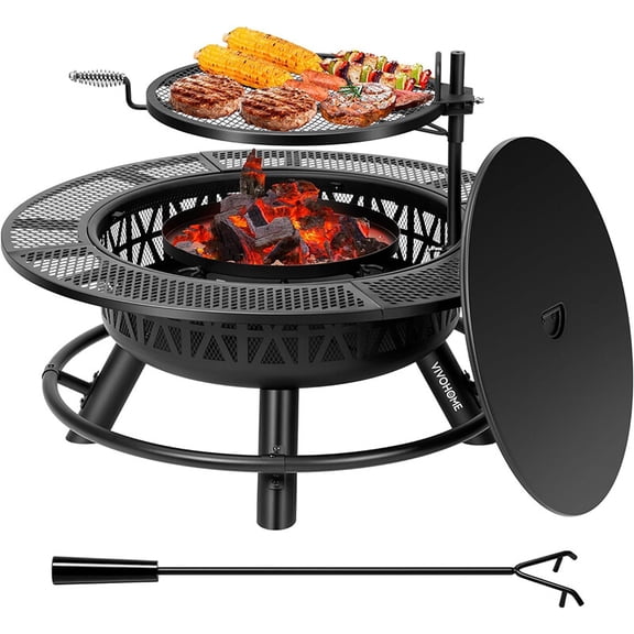 Premium 35'' Outdoor Wood Burning Round Fire Pit Barbecue Pit BBQ Backyard Fireplace