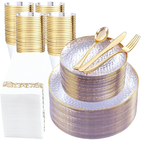 Premium 350 PCS Clear Gold Disposable Dinnerware Set with Plates, Forks, Napkins