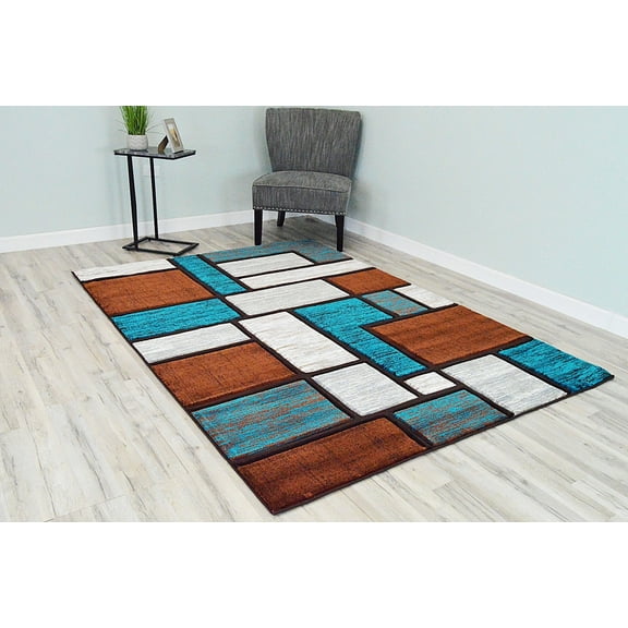 Premium 3D Hand Carved Thick Modern Contemporary Abstract Rug Design 3995 Turquoise Brown 2'7''x4'