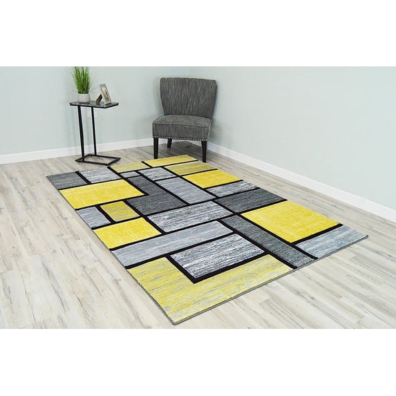 Premium 3D Hand Carved Thick Modern Contemporary Abstract Rug Design 3995 Yellow Grey 2'7''x4'