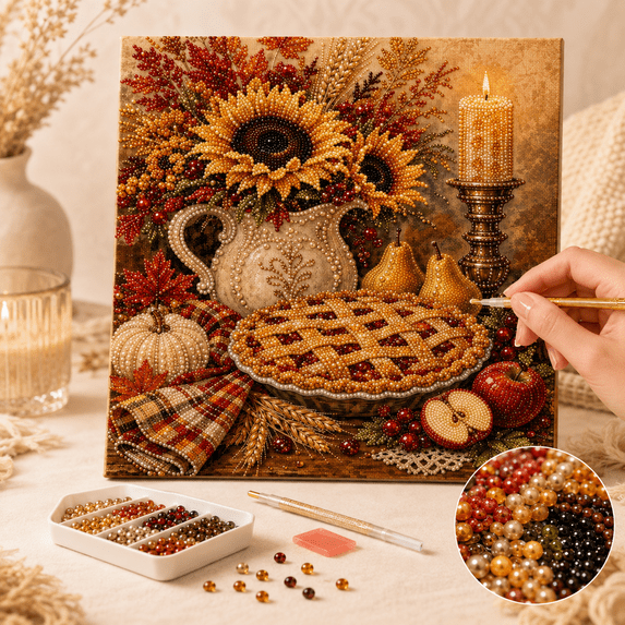 Premium 3D Pearl AutumnThanksgiving Diamond Painting Art Kit, Fall Harvest Gem Art with Turkey, Woodland, Church, Truck or Apple Pie Design, 7.87 Inch DIY Decor