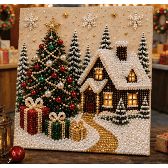 Premium 3D Pearl Christmas Wall Art Kit, Luxury Flocked Canvas DIY Holiday Decor with Pearl Beads, Christmas Craft Gift for Adults