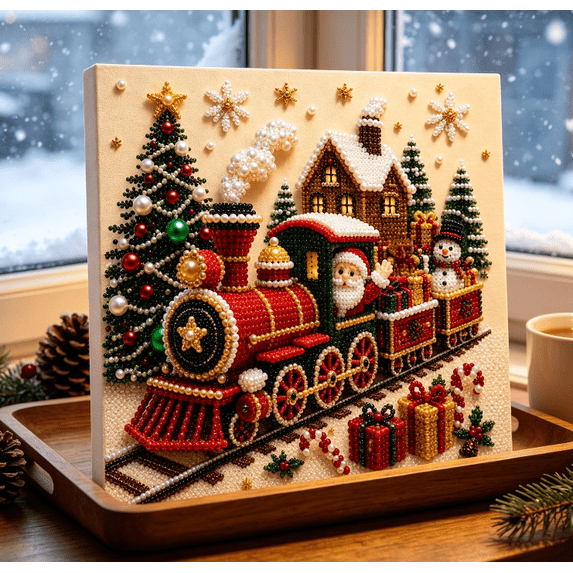 Premium 3D Pearl Christmas Wall Art Kit, Luxury Flocked Canvas DIY Holiday Decor with Pearl Beads, Christmas Craft Gift for Adults