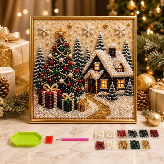 Premium 3D Pearl Christmas Wall Art Kit, Luxury Flocked Canvas with Scratch-Resistant Non-Fading Pearl Beads DIY Holiday Decor Gift for Adults, Holiday Home Decor