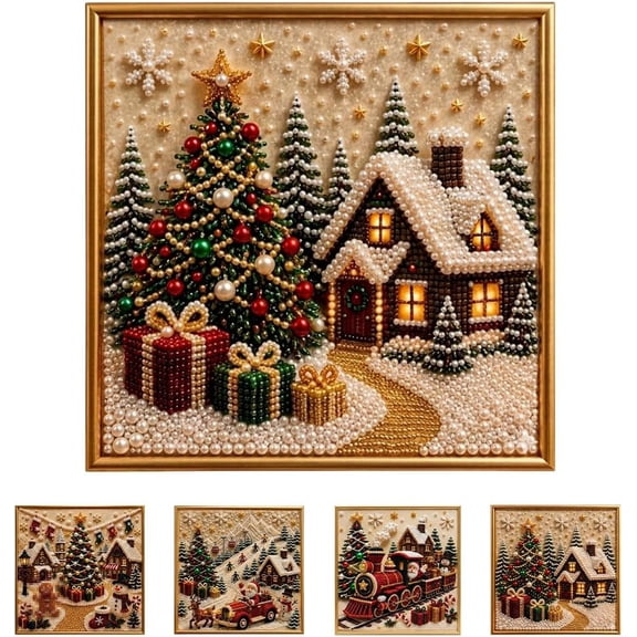 Premium 3D Pearl Christmas Wall Art Kit | Luxury Flocked Canvas with Scratch-Resistant Non-Fading Pearl Beads DIY Holiday Decor Gift for Adults, Holiday Home Decor (Cozy Christmas Cottage)