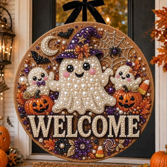 Premium 3D Pearl Halloween Welcome Sign Kit, Witch Hat Ghost Themed Circular Door Wreath Alternative for Home Entryway