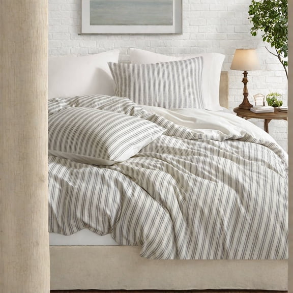 Premium 3Piece Bedding Sets LinenCotton Blend Grey Striped Design for AllSeason Comfort