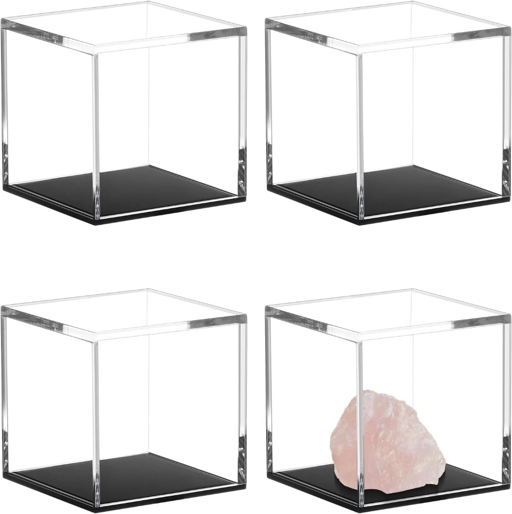 Premium 4-Pack Clear Acrylic Display Boxes: 3x3x3 Inch Dustproof Storage Cases with Black Base Perfect for Rocks, Coral, Minerals & Collectibles Showcase