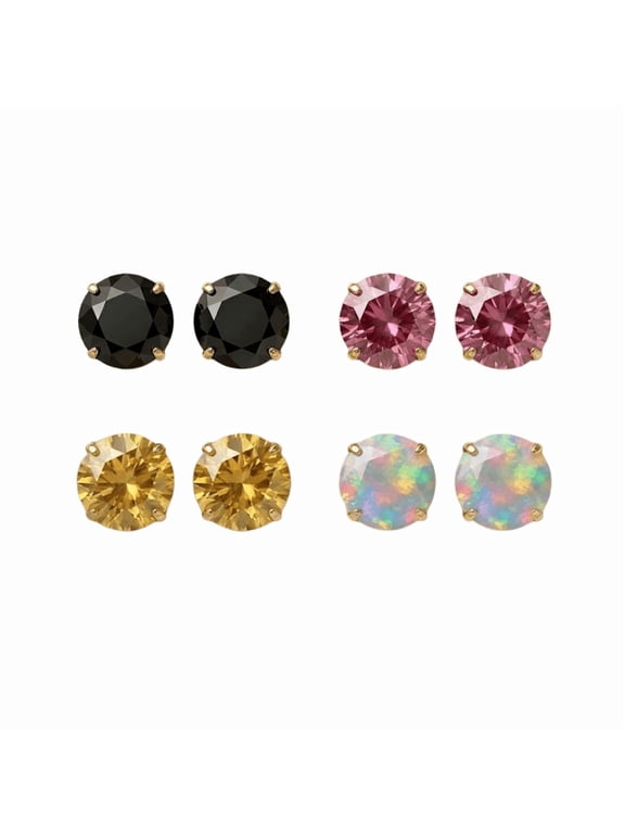 Premium 4 Pair Crystal Stud Earrings Set for Women, Round Cut Black Pink Yellow & Opal Ss with Prong Setting, Elegant Lightweight Jewelry for Daily Wear & Special Occasions