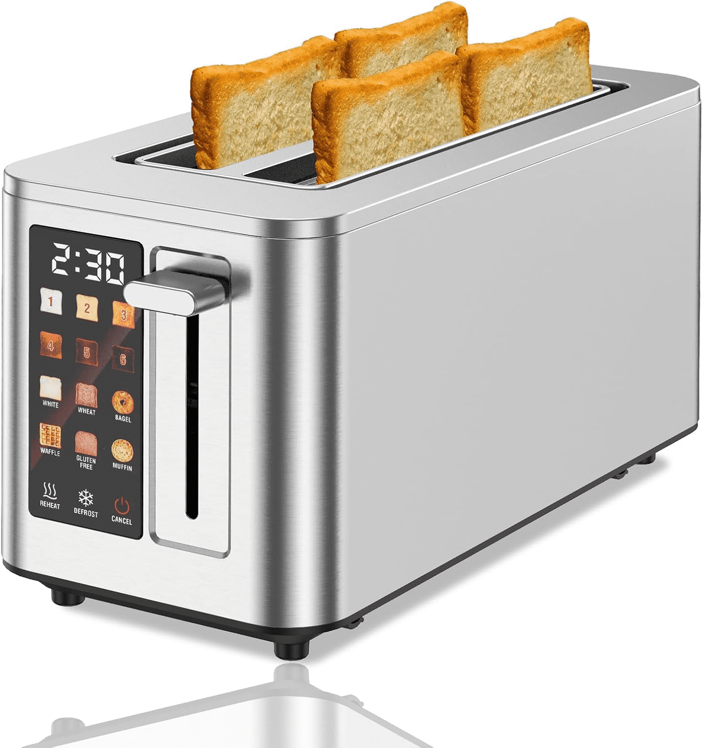 Premium 4 Slice Long Slot Toaster 1400W Fast Heating, Stainless Steel Digital Touchscreen Toaster LED Countdown Timer, 6 Bread Types & 6 Shade Settings, 1.5" Extra Wide Slots for Family Kitchen