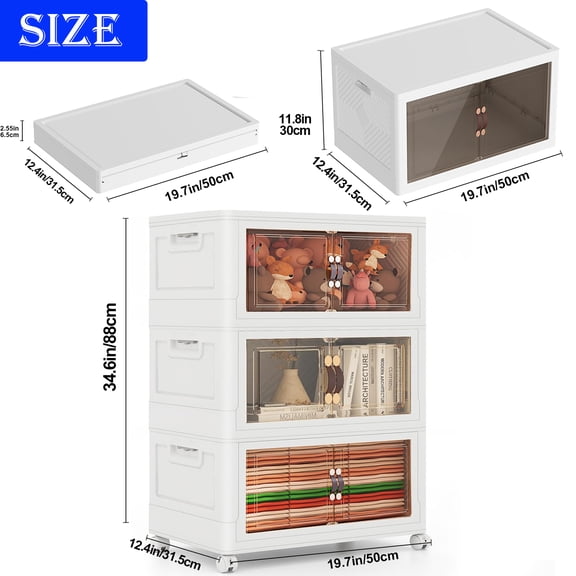 Premium 4 Tier Stackable Plastic Storage Bins with Lids - Foldable Closet Organizers and Storage - Versatile Storage Containers with Wheels for Home, Office, Dorm - Perfect for Clothes, Crafts