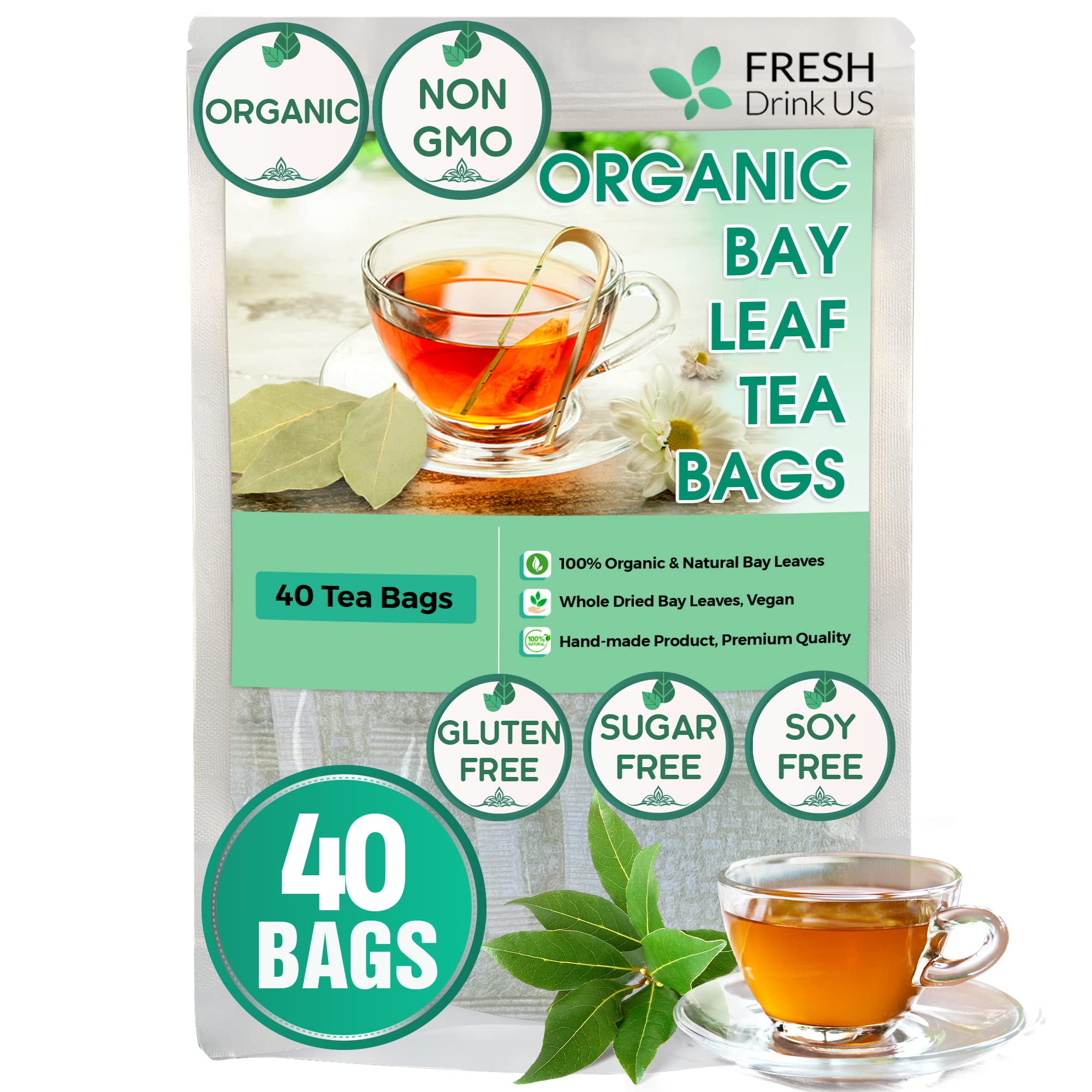 Premium 40 Bay Leaves Tea Bags, Pure, Organic, NonGmo, Made Of 100 Bay Leaves, Loose Leaf Bay