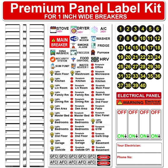Premium 40 Circuits Bidirectional for 1" Breaker Directory Label Kit with Colored Icons & Panel Markers Electrical Panel Strong Adhesive Durable Long Lasting Reusable Vinyl Waterproof